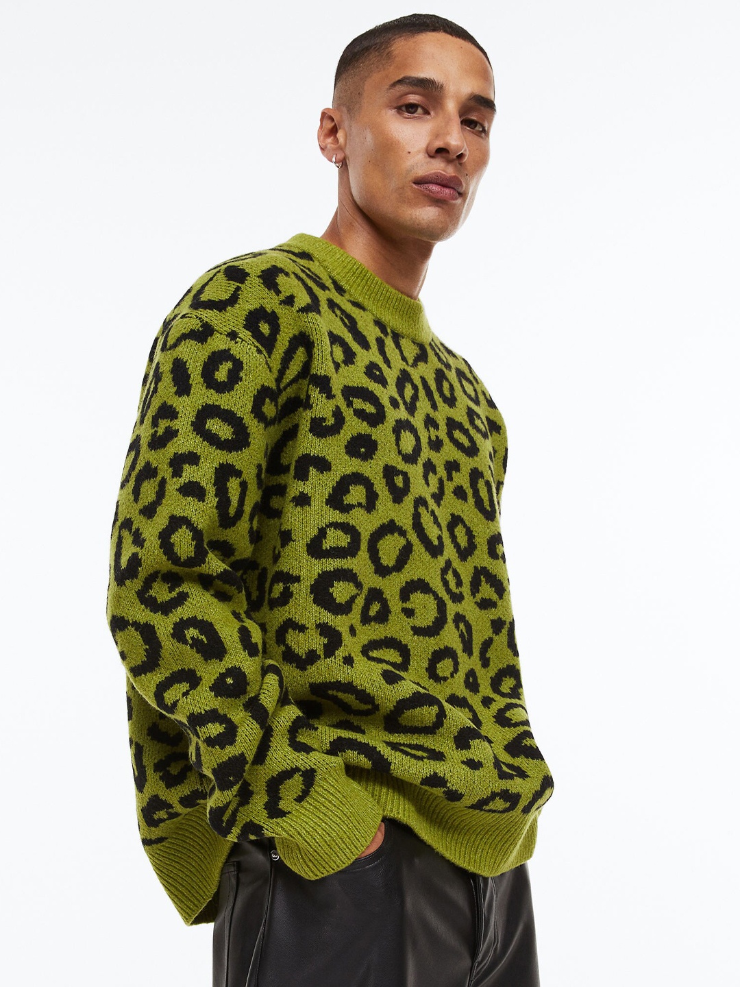 

H&M Men Green Oversized Fit Jacquard-knit jumper
