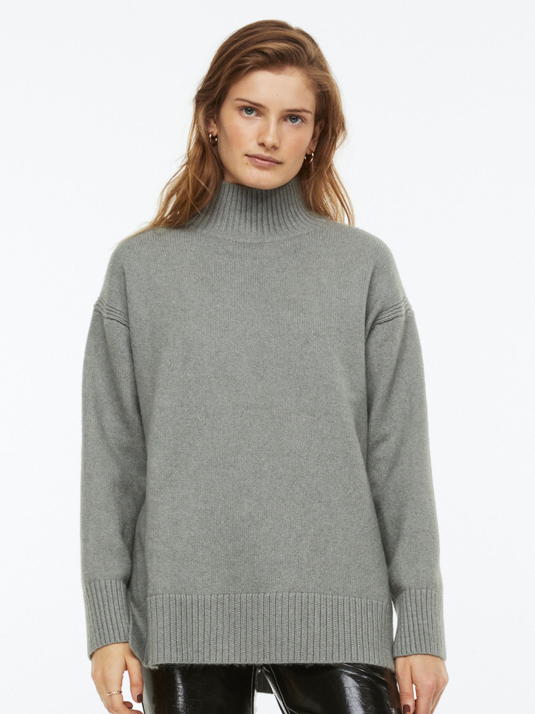 

H&M Women Grey Oversized Polo-Neck Jumper