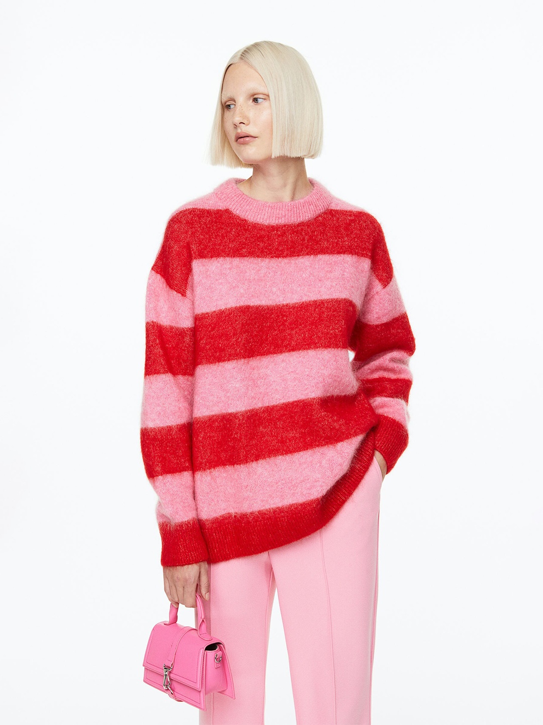

H&M Women Pink & Red Oversized Wool-Blend Jumper