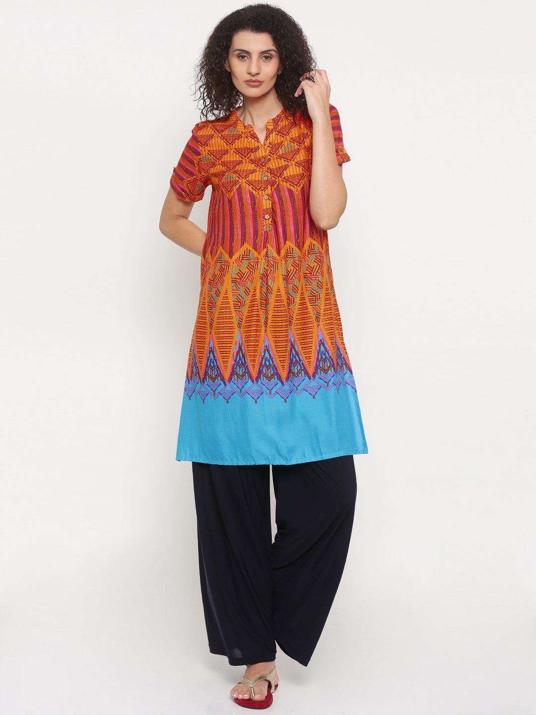 

Global Desi Women Orange & Blue Printed Straight Kurta