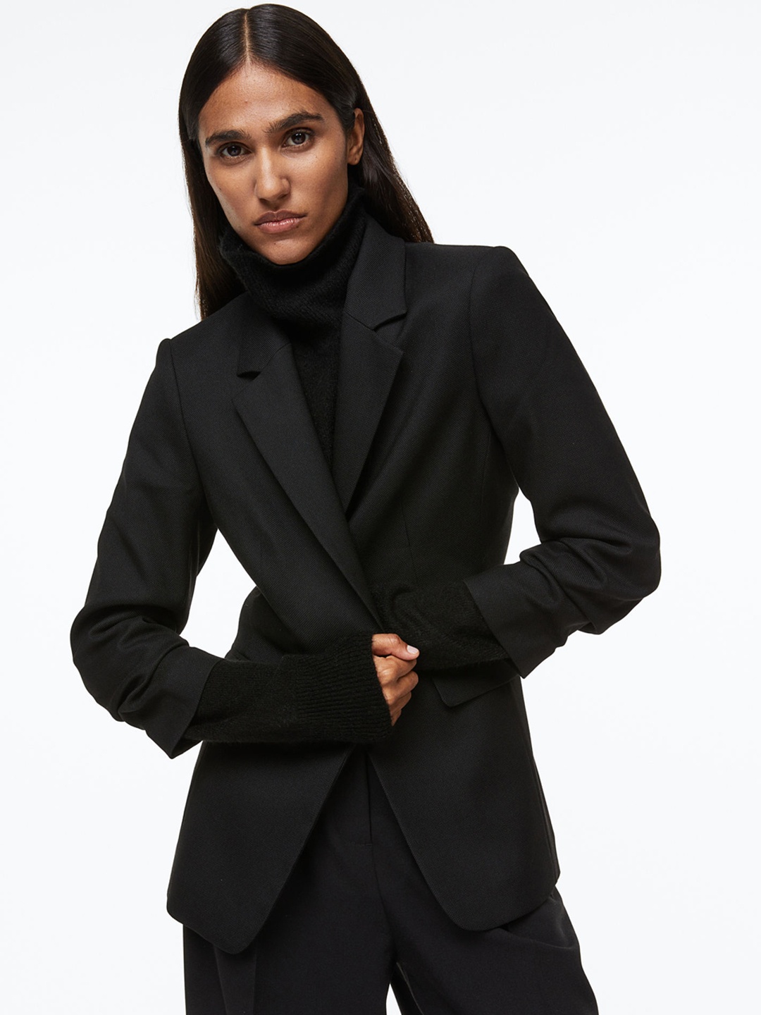 

H&M Women Black Gathered-Sleeve Blazer