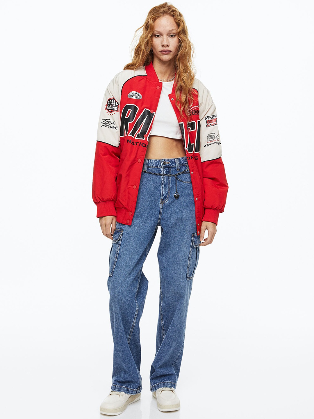 

H&M Woman Red Oversized Printed Bomber Jacket