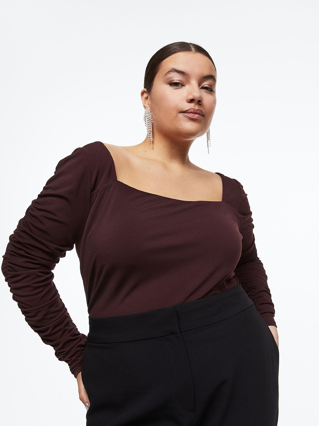 

H&M+ Women Plus Size Maroon Gathered-Sleeve Jersey Top