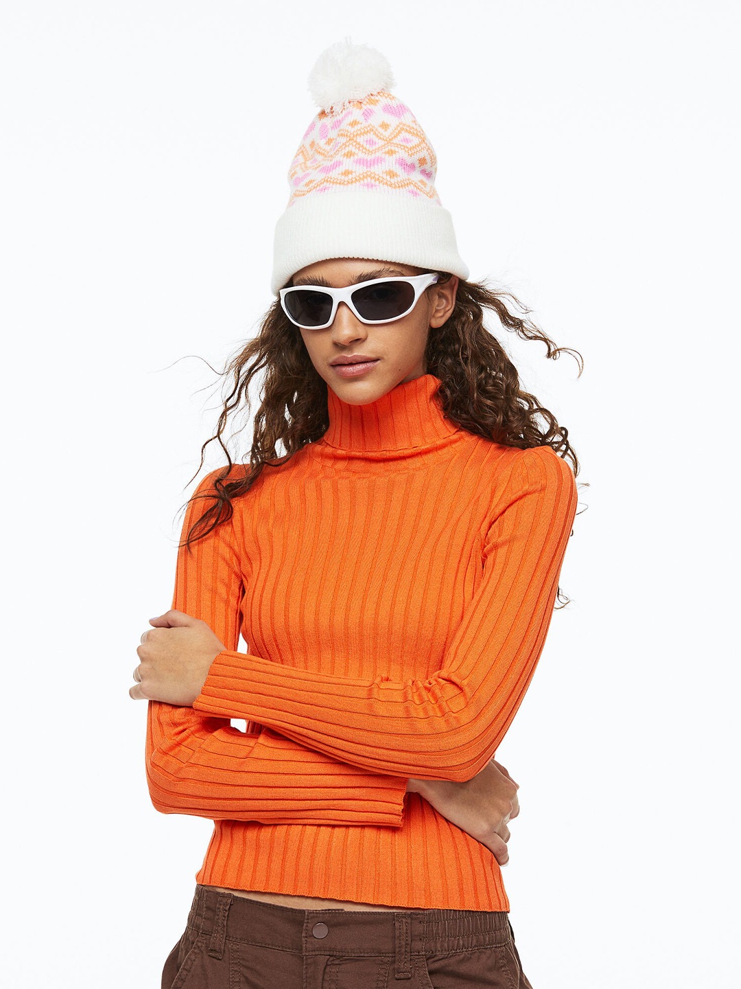 

H&M Women Orange Rib-Knit Polo-Neck Top