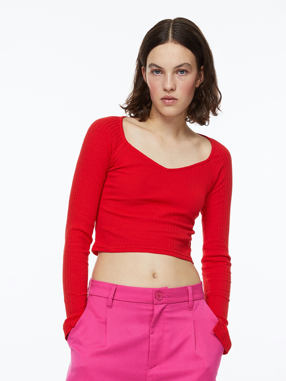 

H&M Women Red Rib-Knit Top