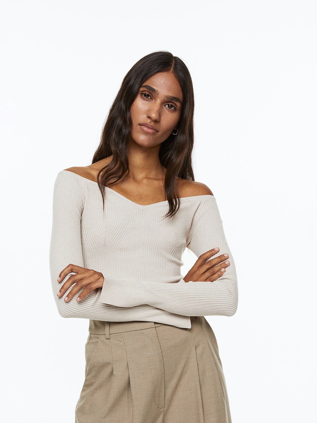 

H&M Women Beige Off-The-Shoulder Rib-Knit Top