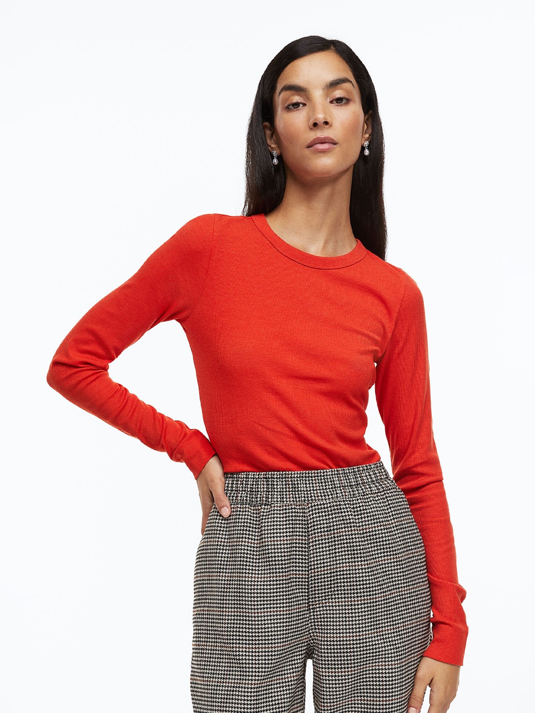 

H&M Women Orange Ribbed Modal-Blend Top