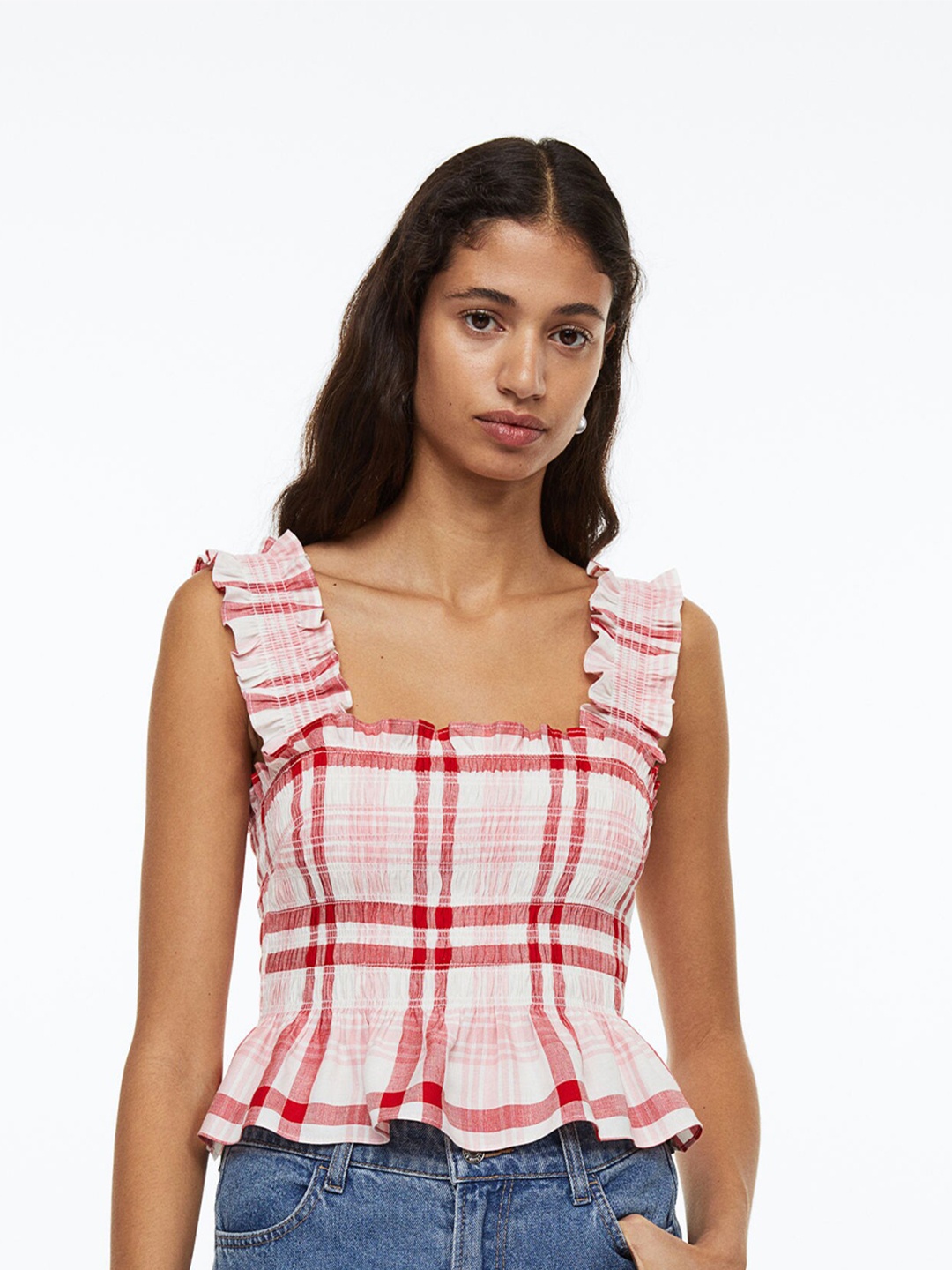 

H&M Women White & Red Linen-Blend Smocked Top