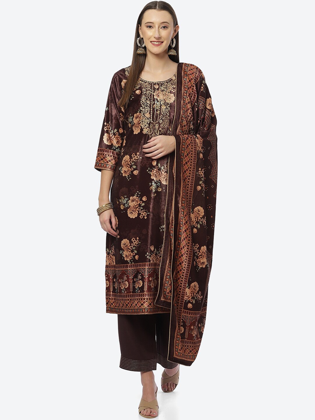 

Biba Women Brown Floral Printed Thread Work Velvet Kurta with Palazzo & Dupatta Set