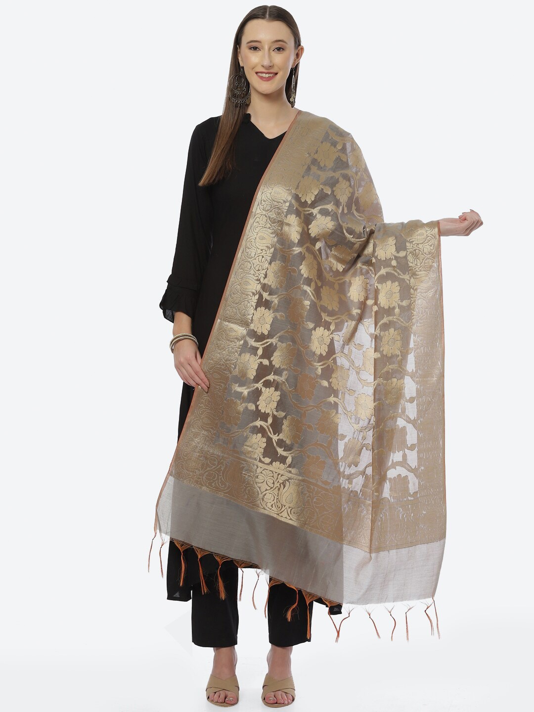 

Biba Grey & Gold-Toned Woven Design Dupatta