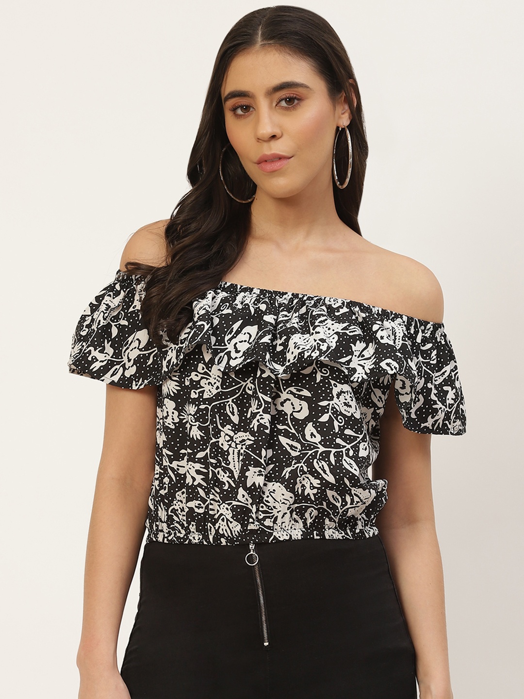 

Rue Collection Multicoloured Floral Print Off-Shoulder Ruffles Crepe Bardot Top, Multi