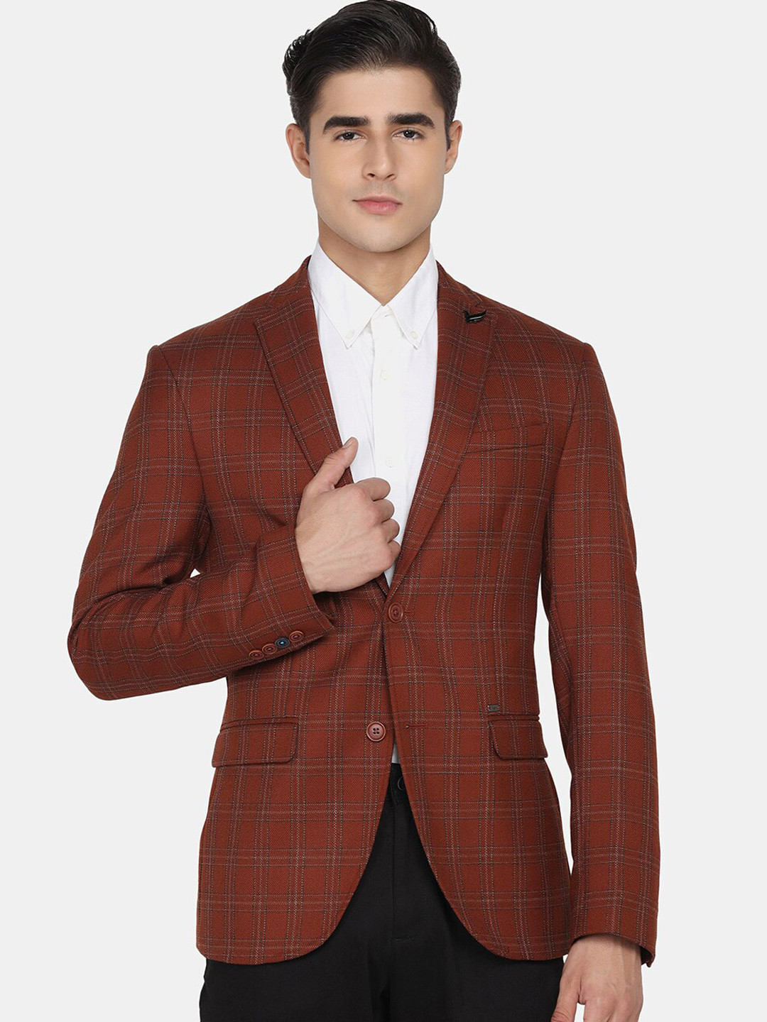 

Blackberrys Men Rust Checked Single-Breasted Slim-Fit Blazer