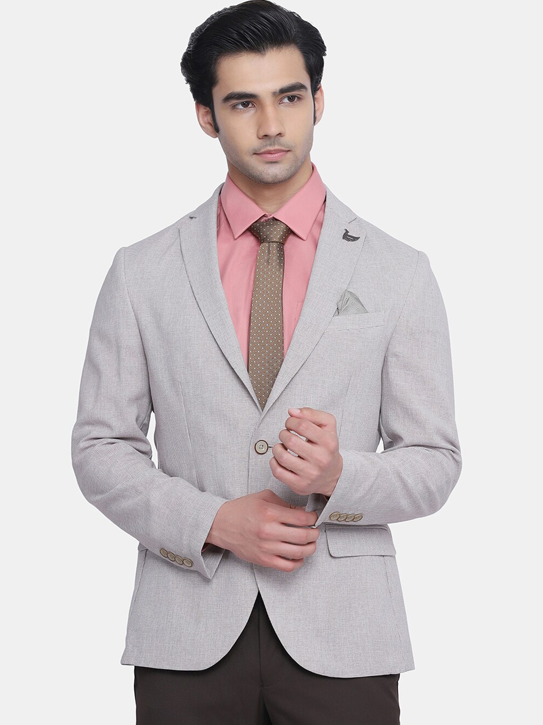 

Blackberrys Men Beige Self-Design Slim-Fit Single Breasted Blazers