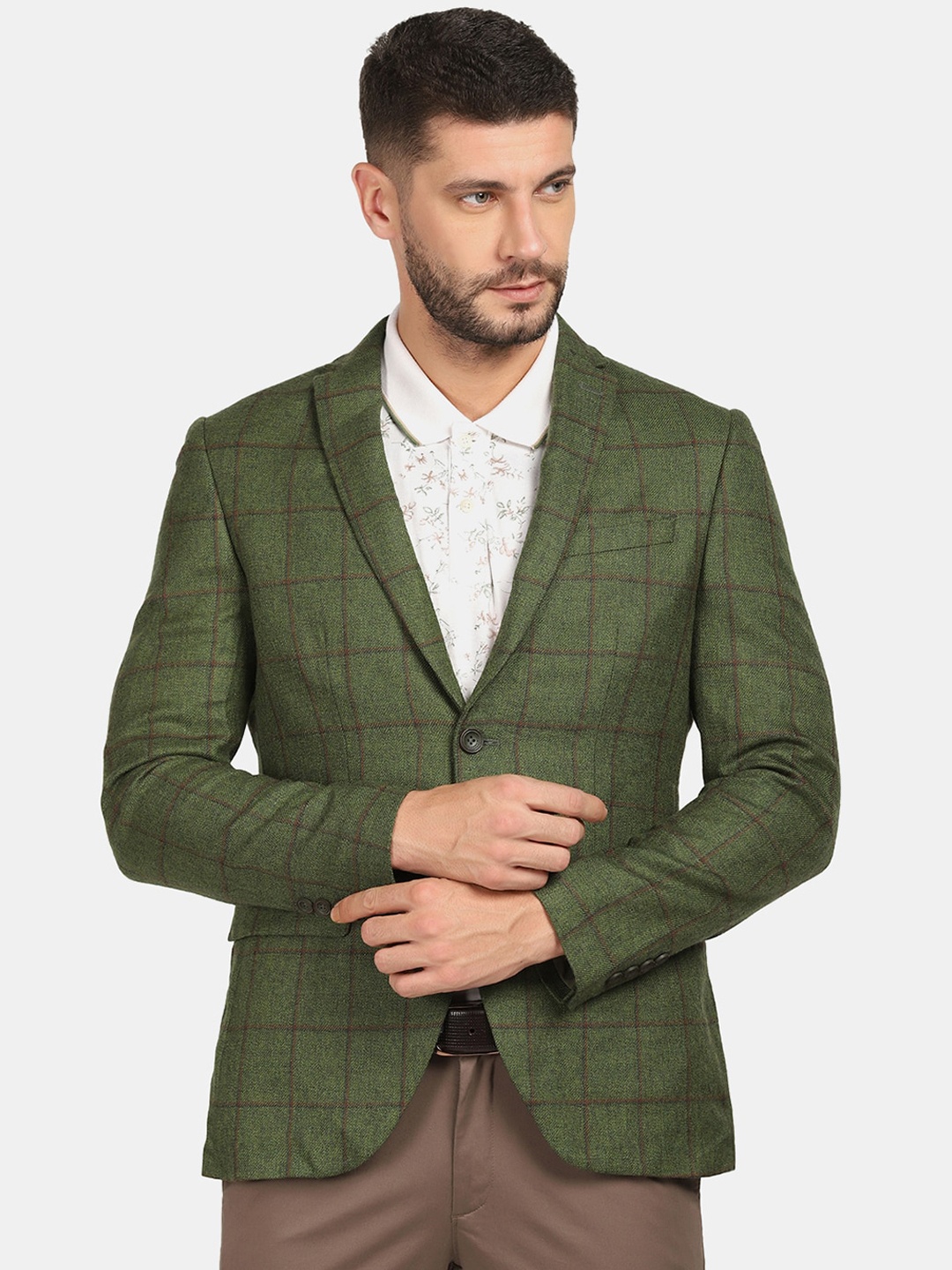 

Blackberrys Men Olive-Green Checked Slim-Fit Single Breasted Casual Blazers