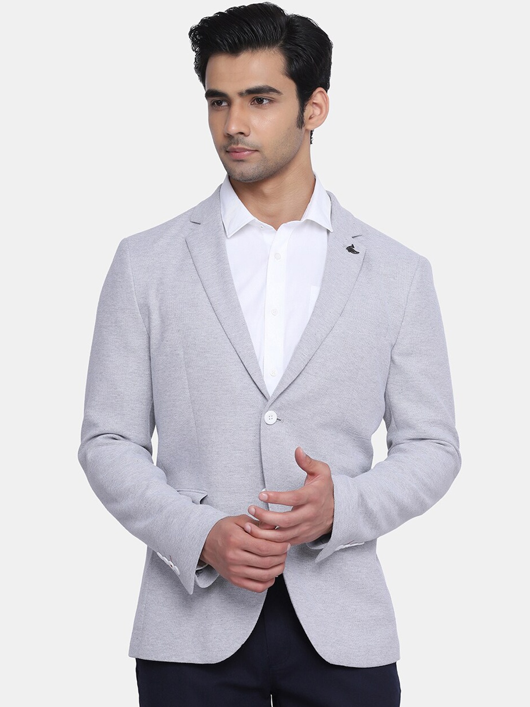 

Blackberrys Men Grey Self Design Pure Cotton Slim-FIt Single-Breasted Casual Blazer