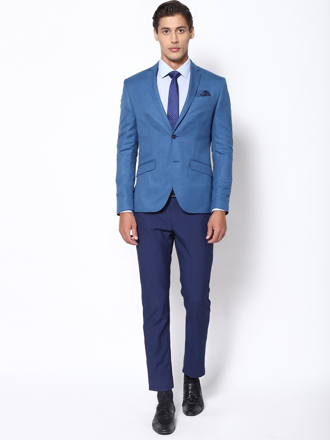 

Blackberrys Men Navy Blue Checked Single-Breasted Slim-Fit Formal Blazers