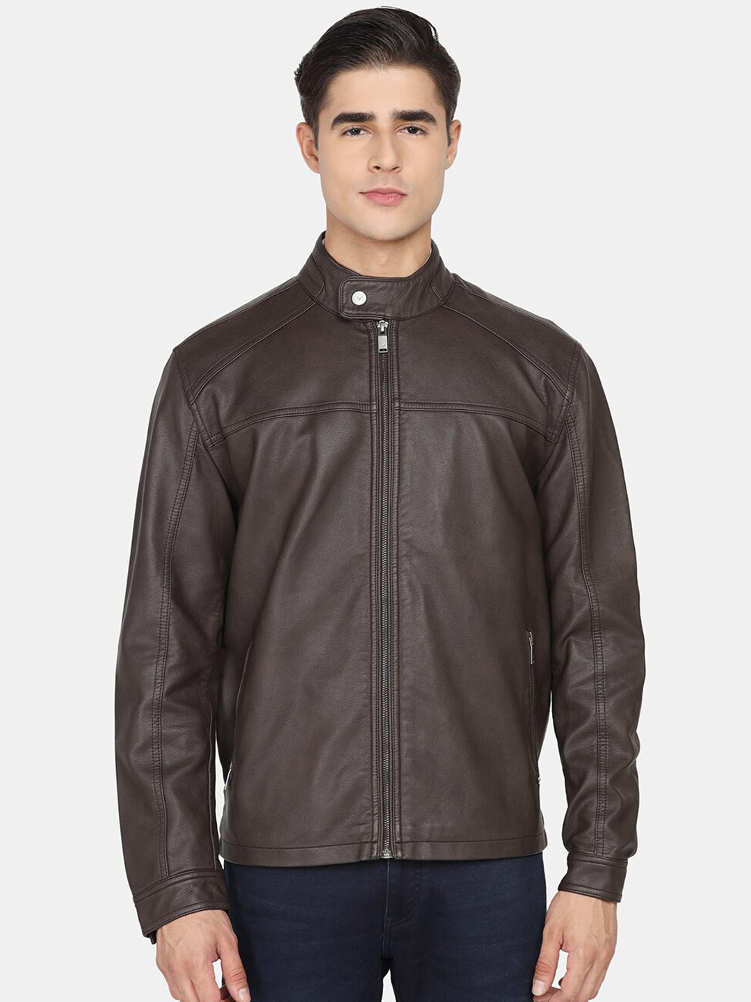 

Blackberrys Men Plus Size Brown Leather Biker Jacket