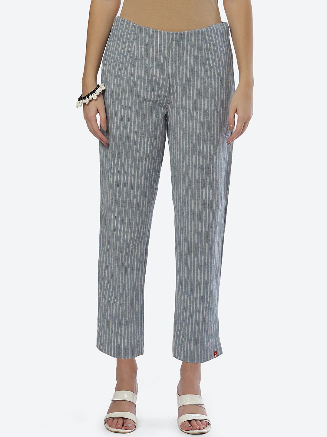

Biba Women Blue Striped Smart Straight Fit Cotton Trouser