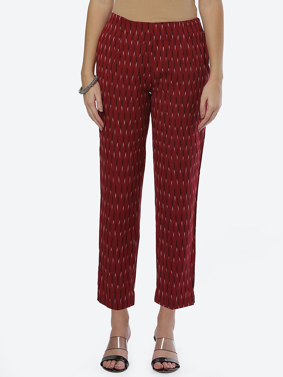 

Biba Women Maroon Striped Smart Straight Fit Cotton Trouser