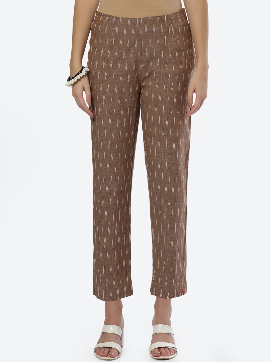 

Biba Women Striped Smart Straight Fit Cotton Trouser, Brown