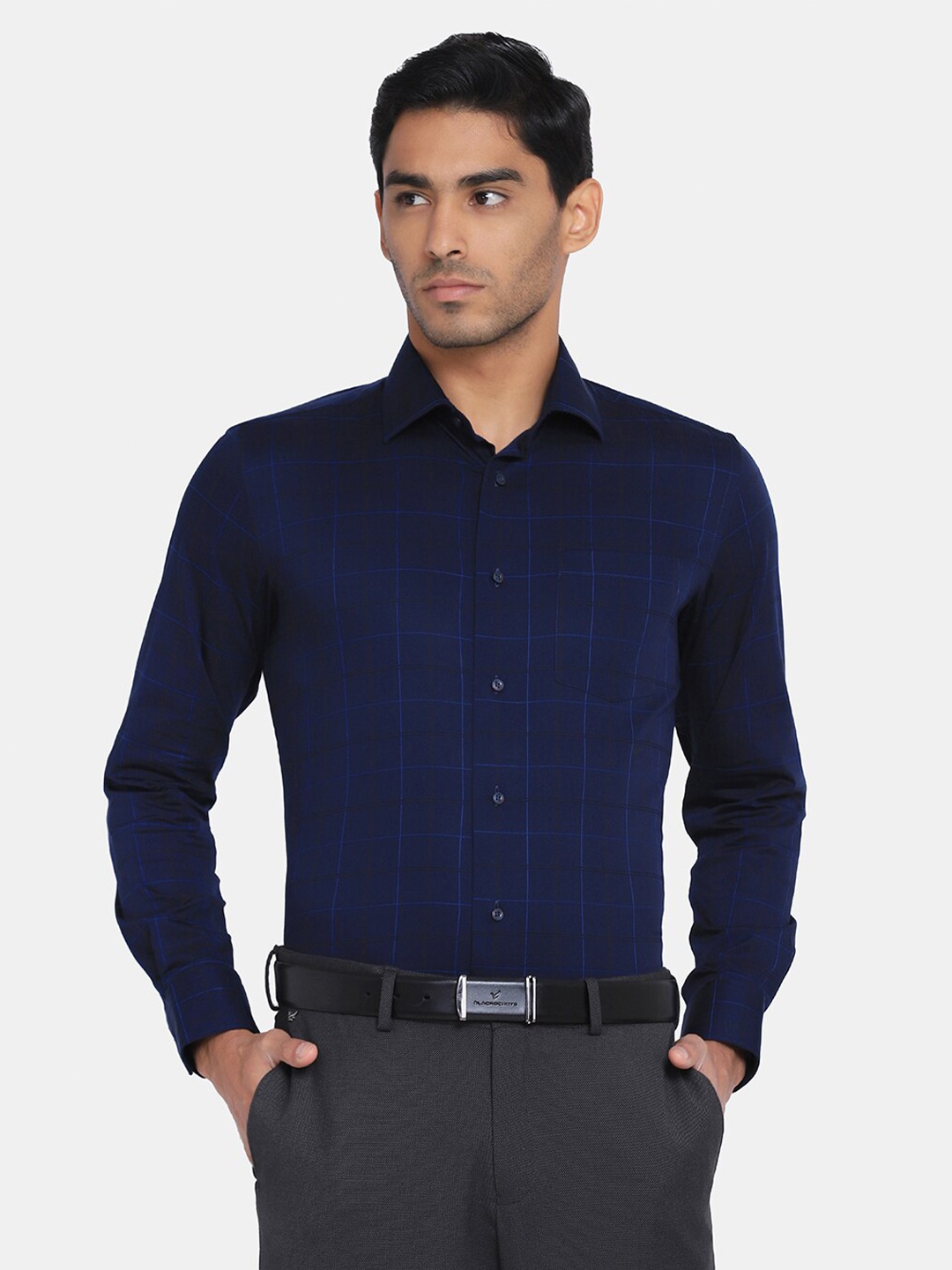 

Blackberrys Men Navy Blue Cotton Slim Fit Checked Casual Shirt
