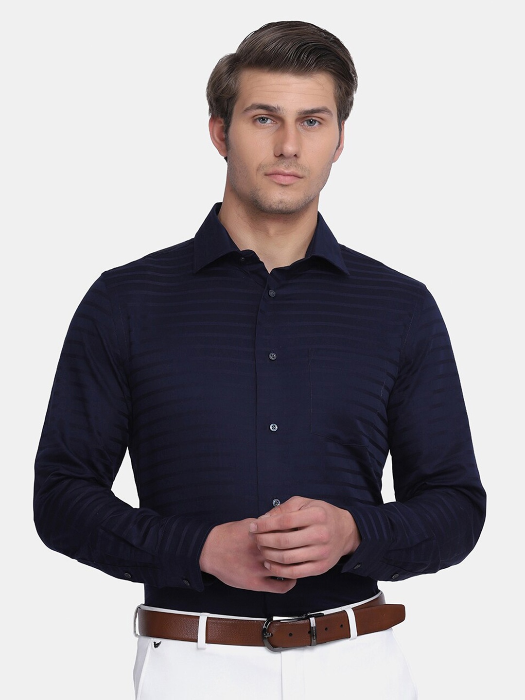 

Blackberrys Men Navy Blue Slim Fit Horizontal Stripes Formal Cotton Shirt