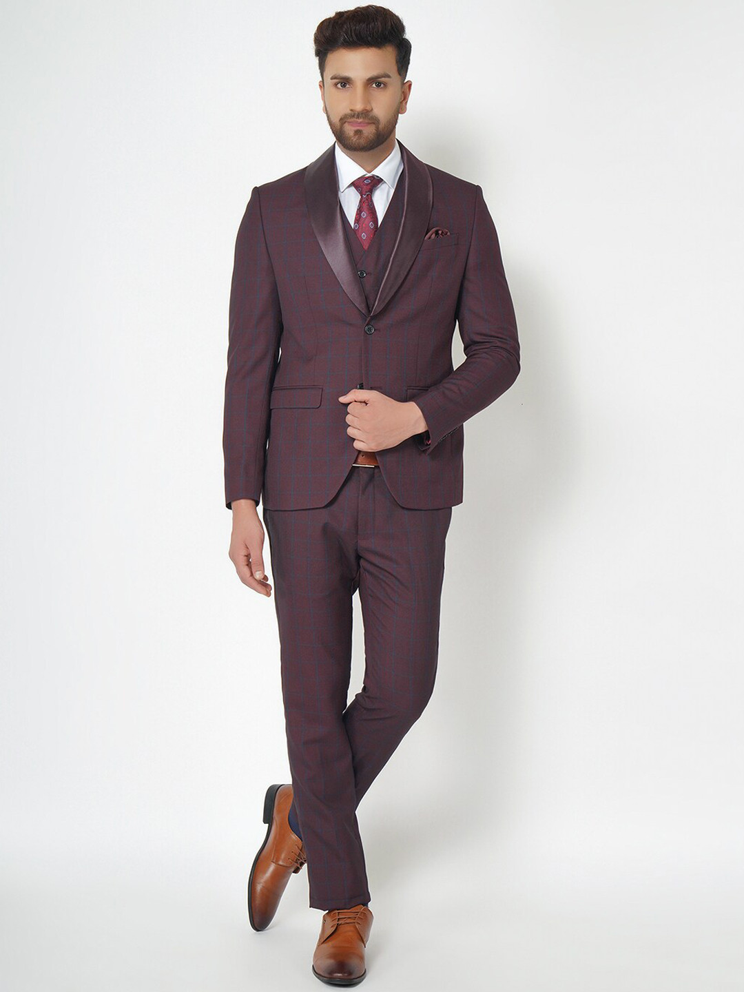 

Blackberrys Men Maroon Checks 5-Piece Single-Breasted Slim-Fit Formal Blazers