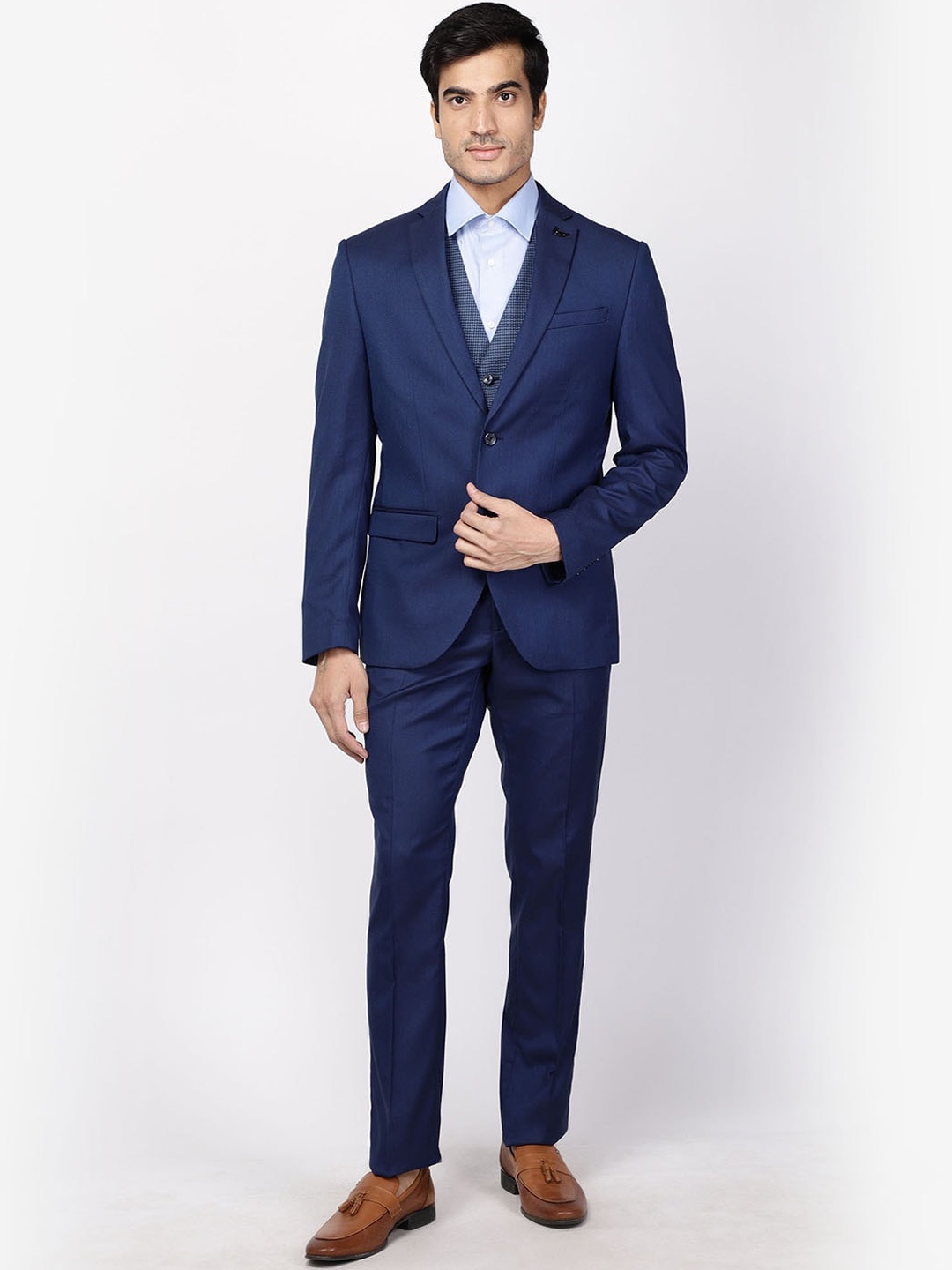 

Blackberrys Men Navy Blue Printed Slim-Fit Single Breasted Three-Piece Formal Suits