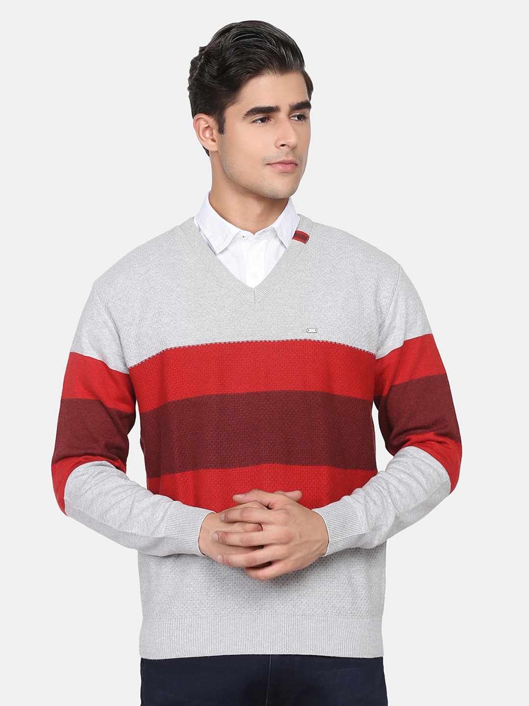 

Blackberrys Men Red & Grey Striped Cotton Pullover