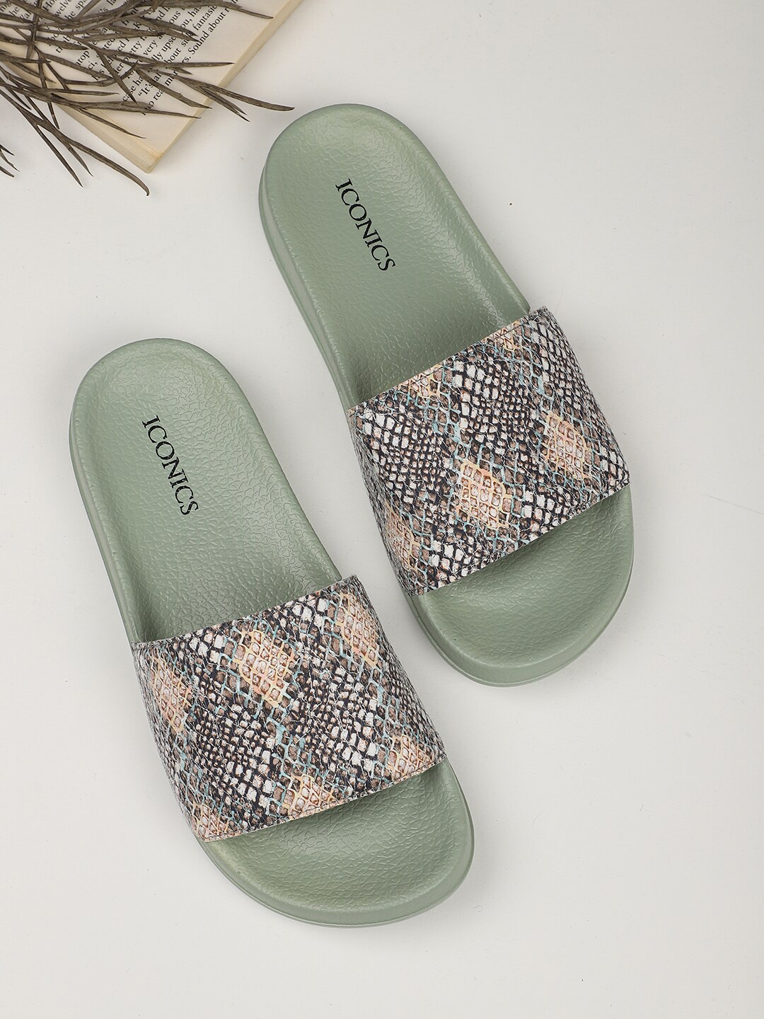 

ICONICS Women Green & Black Printed Sliders