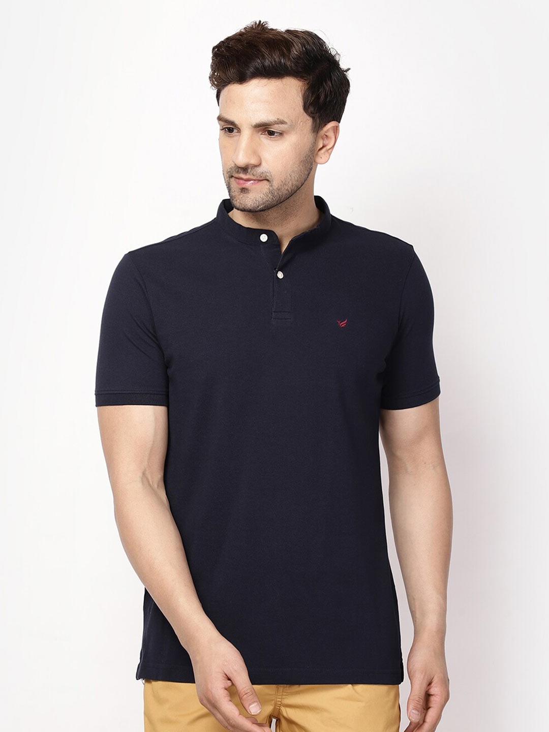 

Blackberrys Men Navy Blue Mandarin Collar Slim Fit Cotton T-shirt