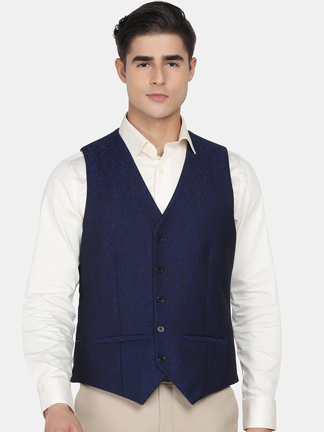 

Blackberrys Men Navy Blue Self Design Waistcoat