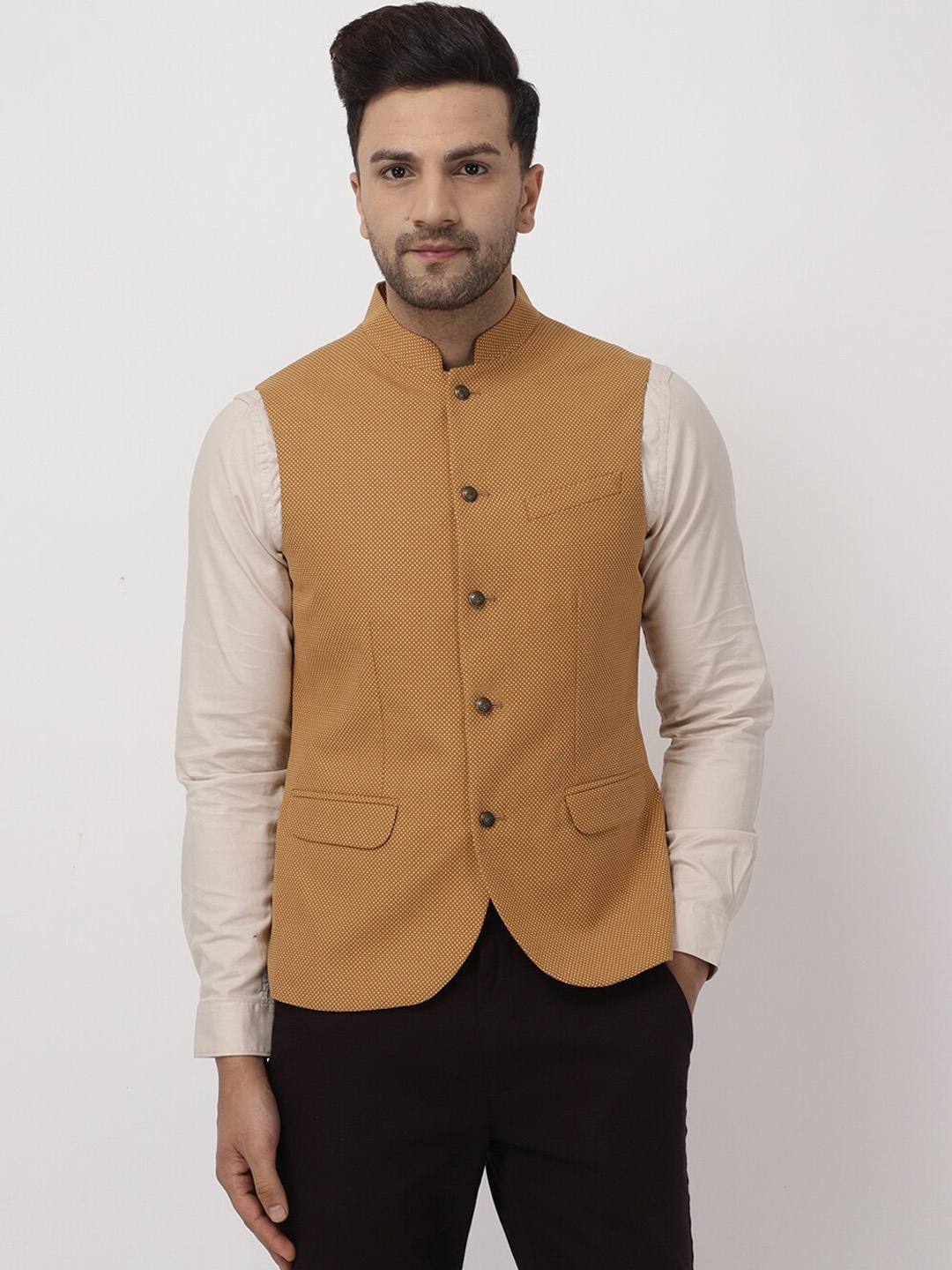 

Blackberrys Men Printed Nehru Jackets, Camel brown
