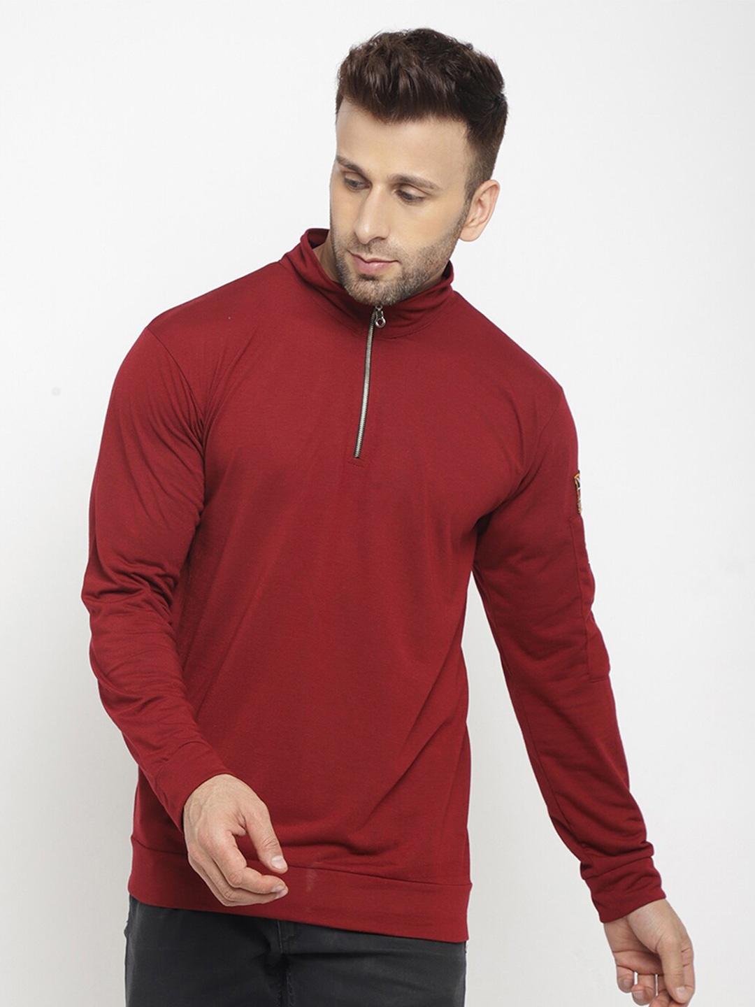 

GRITSTONES Men Maroon High Neck Cotton T-shirt