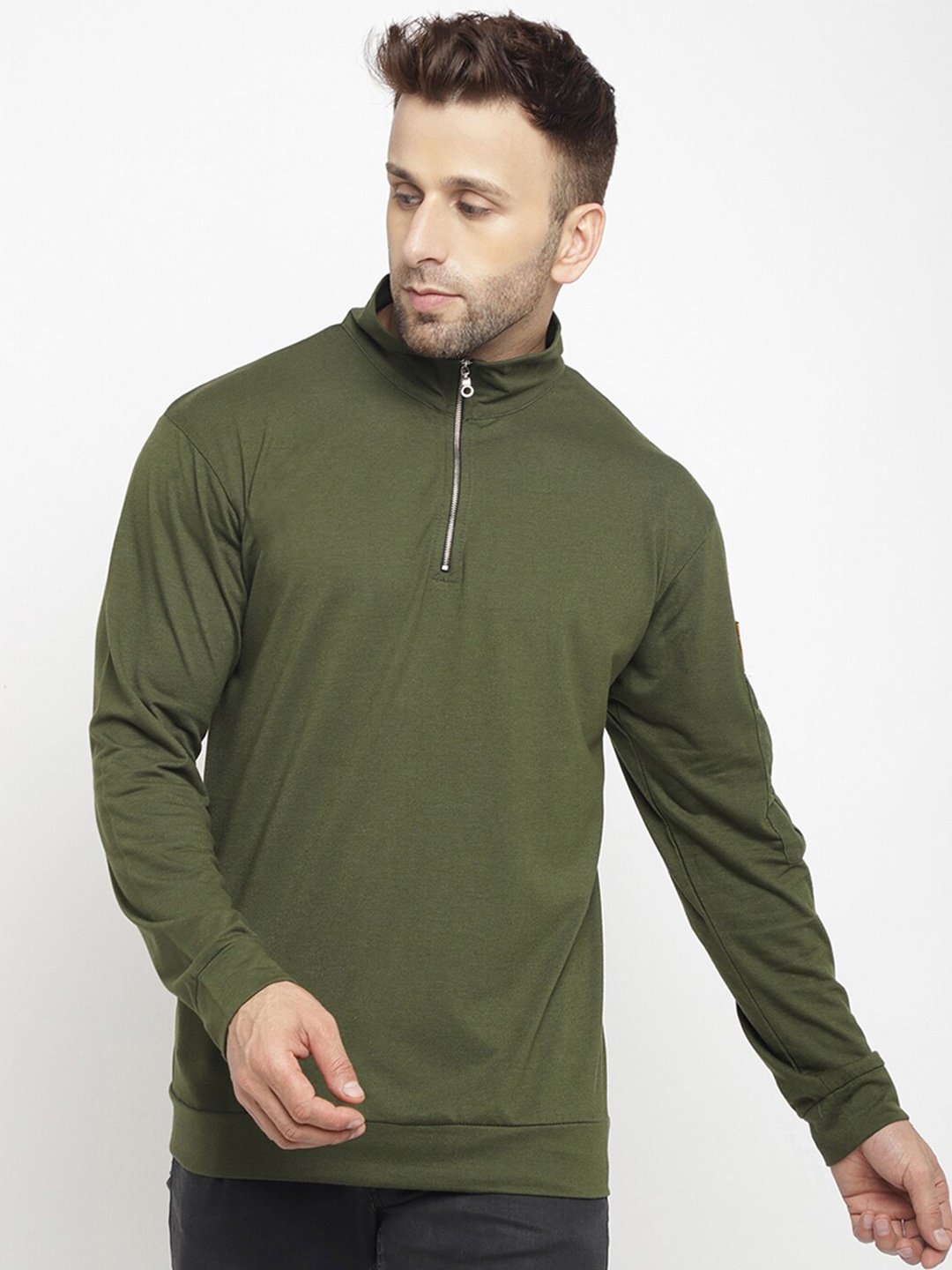 

GRITSTONES Men Olive Green High Neck Cotton T-shirt