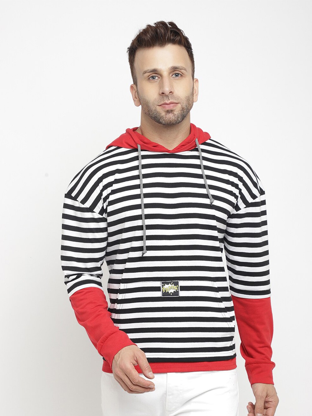 

GRITSTONES Men White & Black Striped Hooded Cotton T-shirt