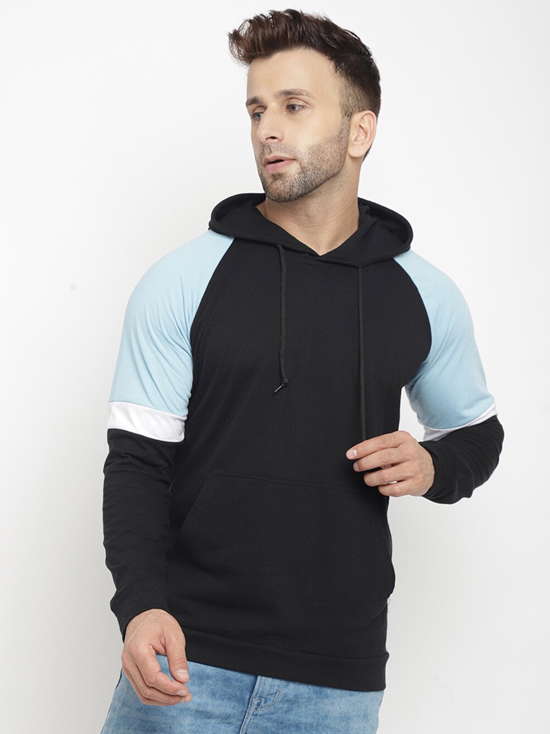 

GRITSTONES Men Black & Blue Colourblocked Hooded Cotton T-shirt
