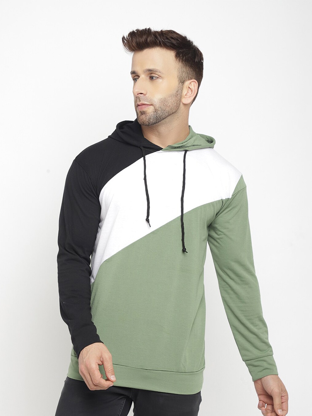 

GRITSTONES Men Olive Green & White Colourblocked Hooded Cotton T-shirt