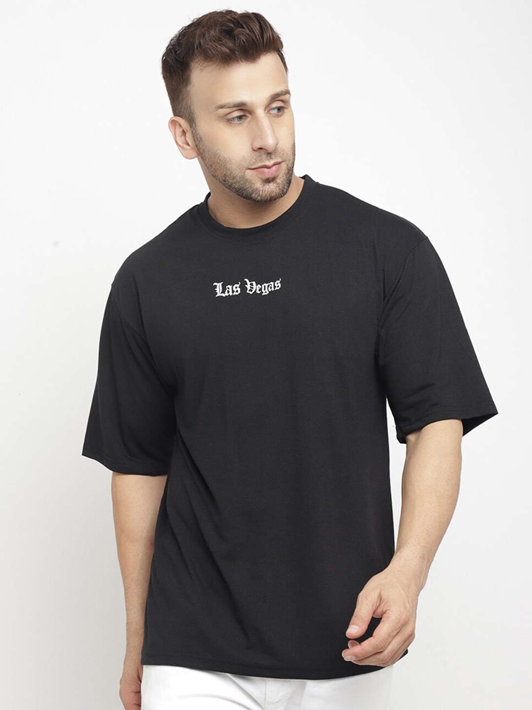 GRITSTONES Men Black Typography Printed Oversized Cotton T-shirt