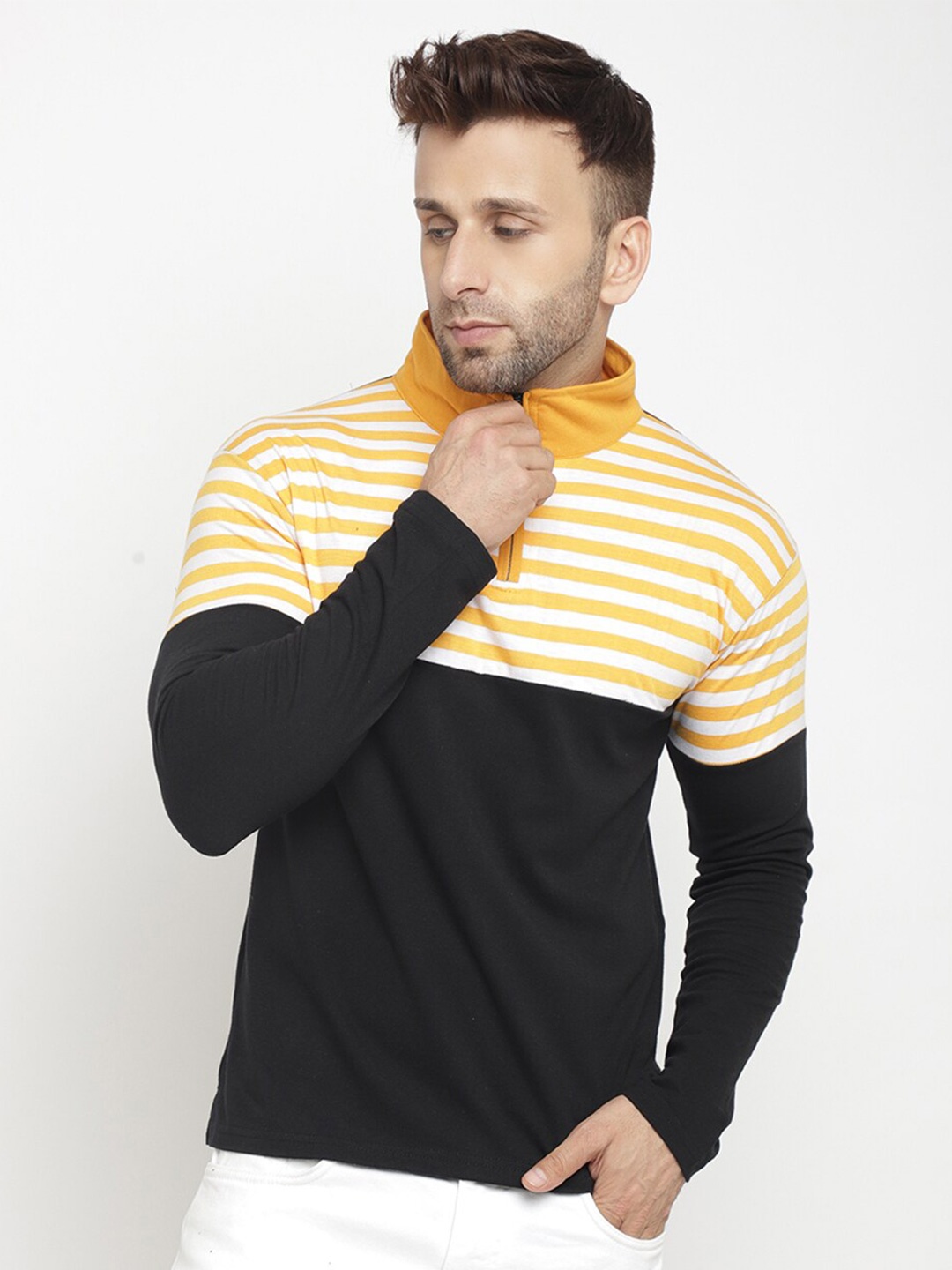 

GRITSTONES Men Yellow & Black Colourblocked High Neck Cotton T-shirt