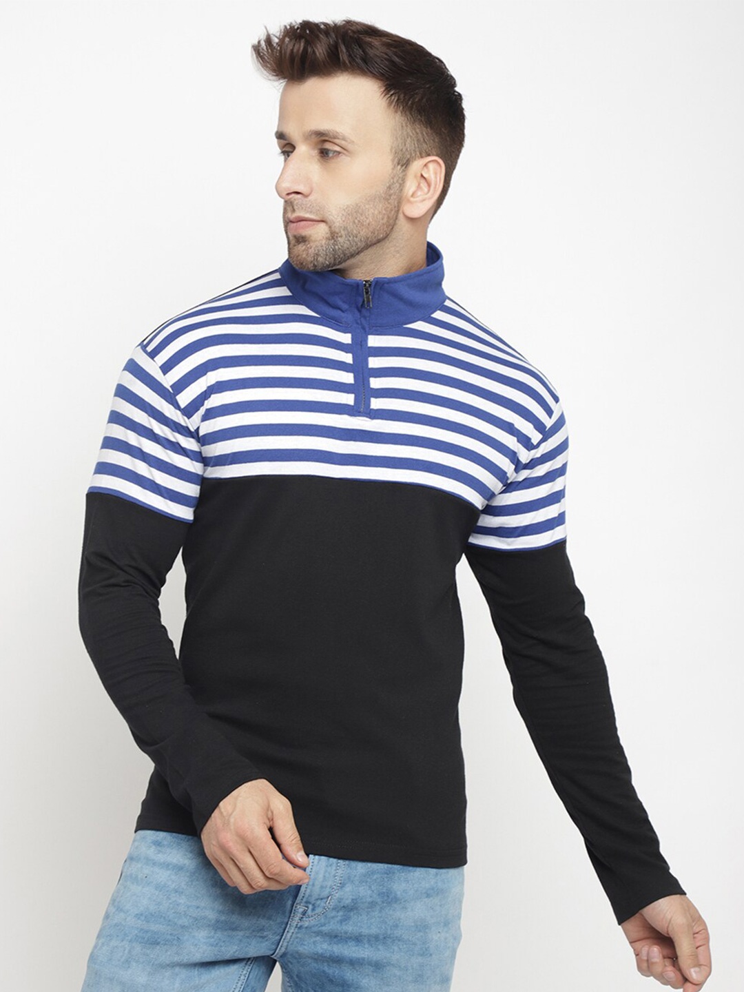 

GRITSTONES Men Blue & Black Colourblocked High Neck Cotton T-shirt