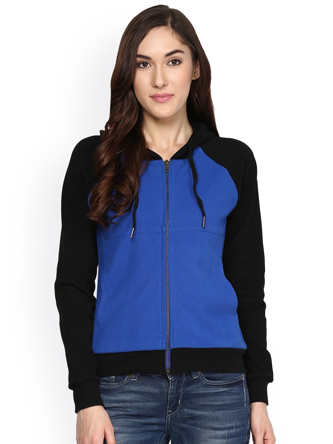 

Hypernation Women Blue & Black Solid Hooded Sweatshirt