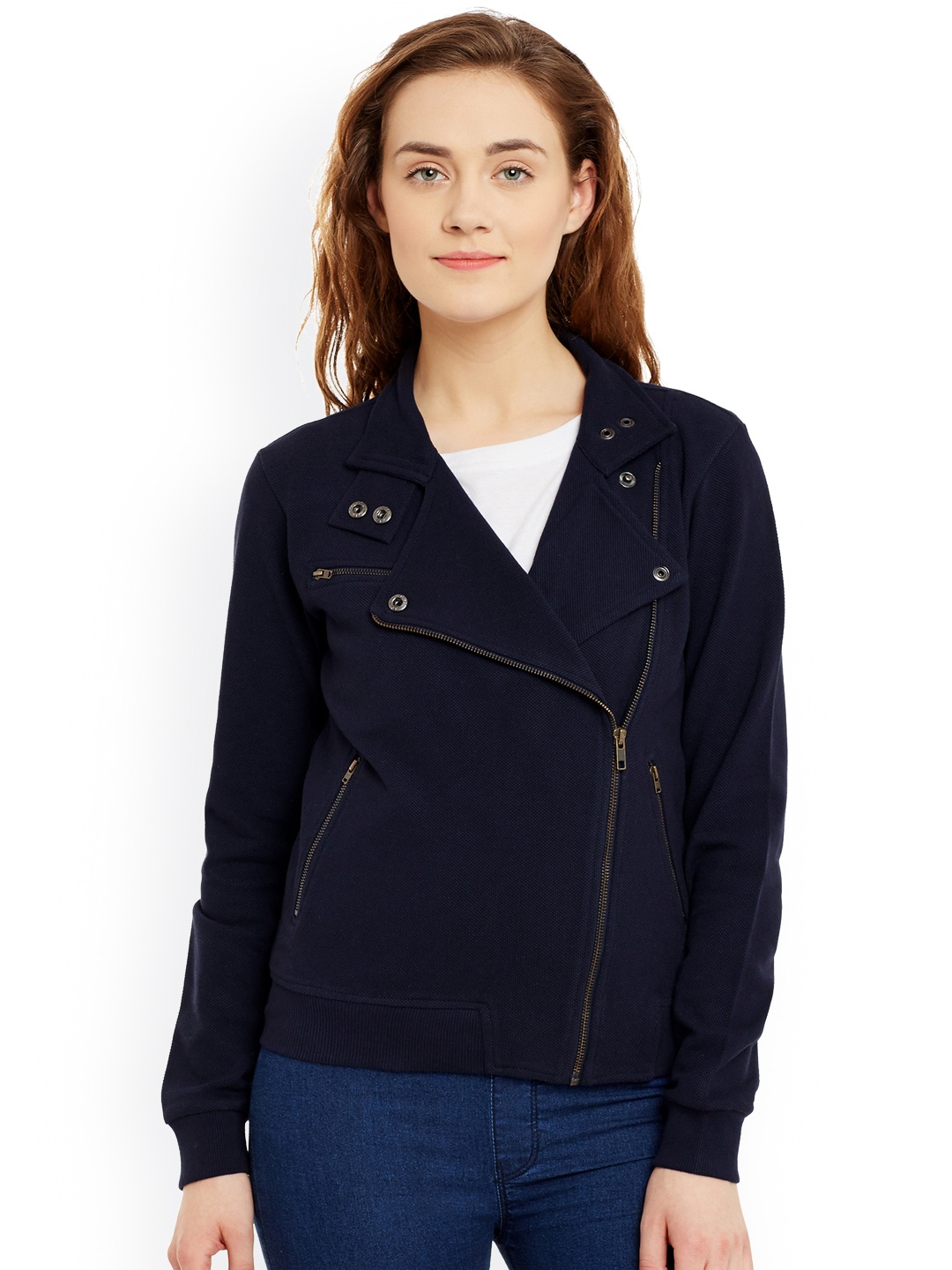 

Hypernation Women Navy Blue Solid Biker Jacket