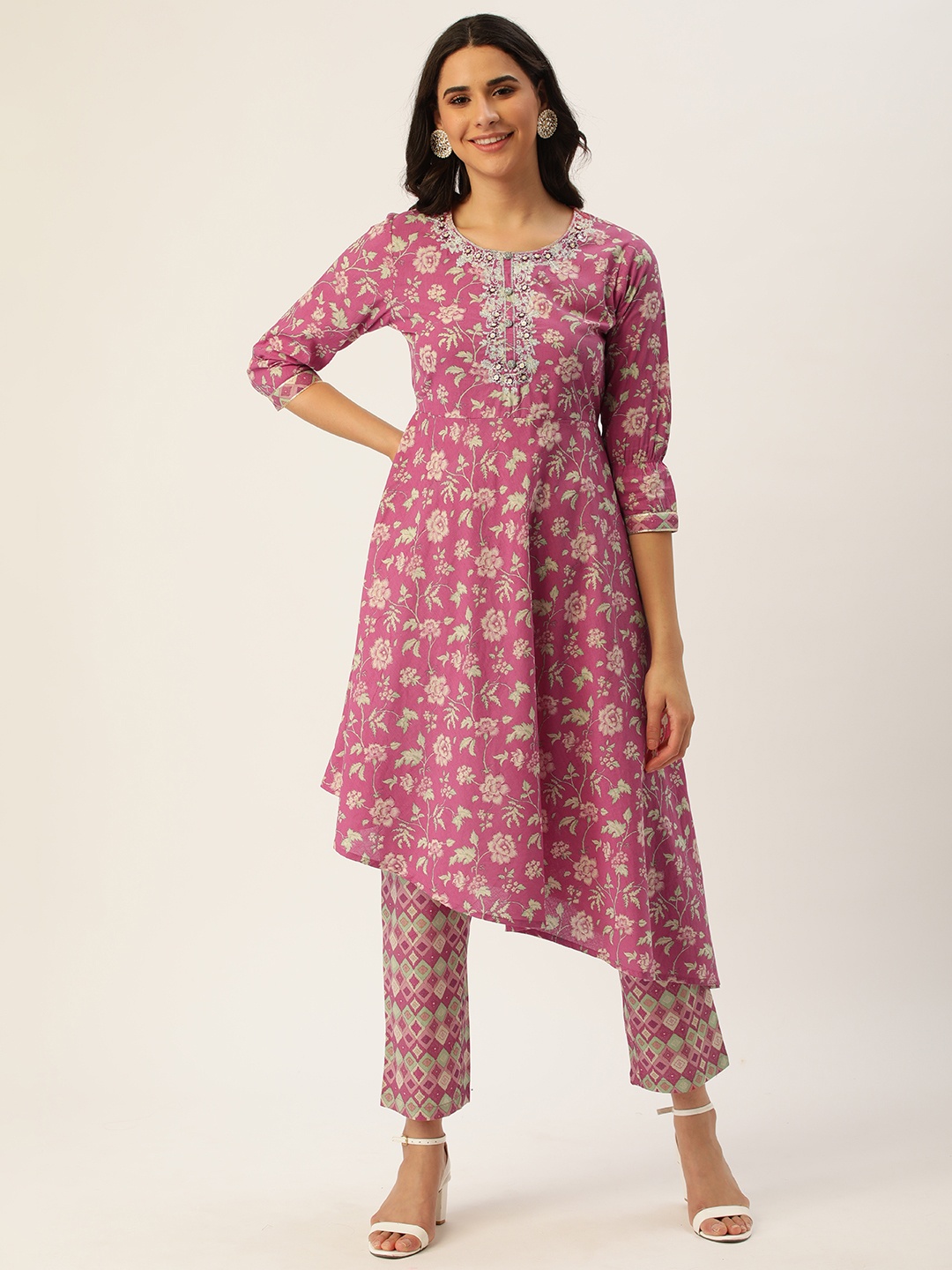 

HEEPOSH Pink Floral Printed Pure Cotton Kurta with Trousers