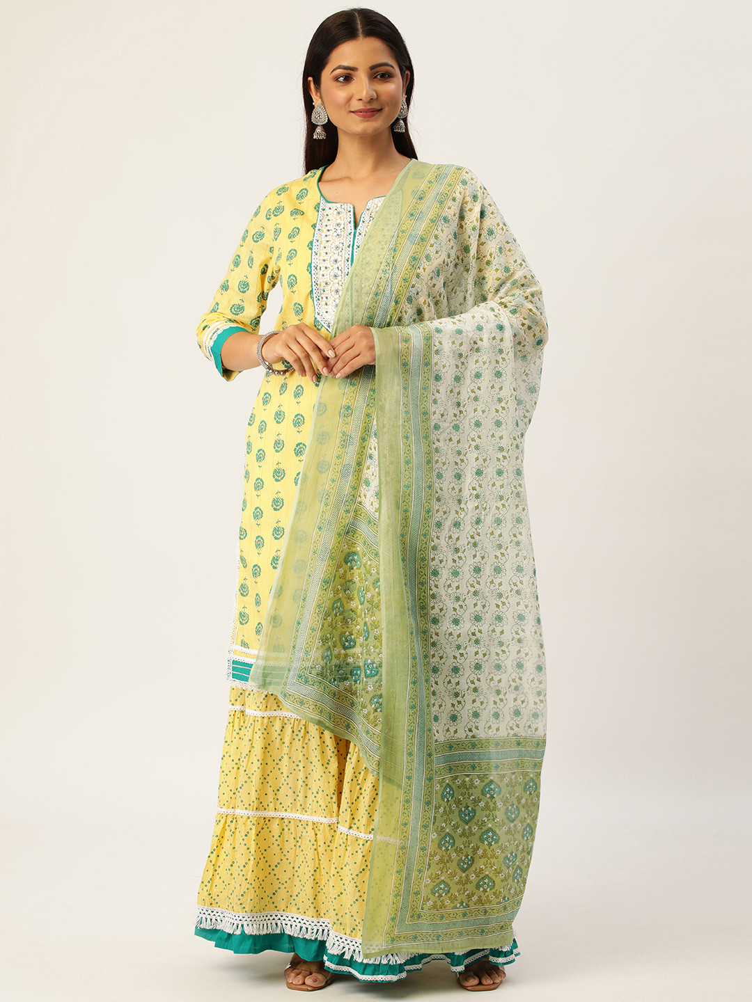 

HEEPOSH Yellow & Green Printed Pure Cotton Kurta with Sharara & Dupatta