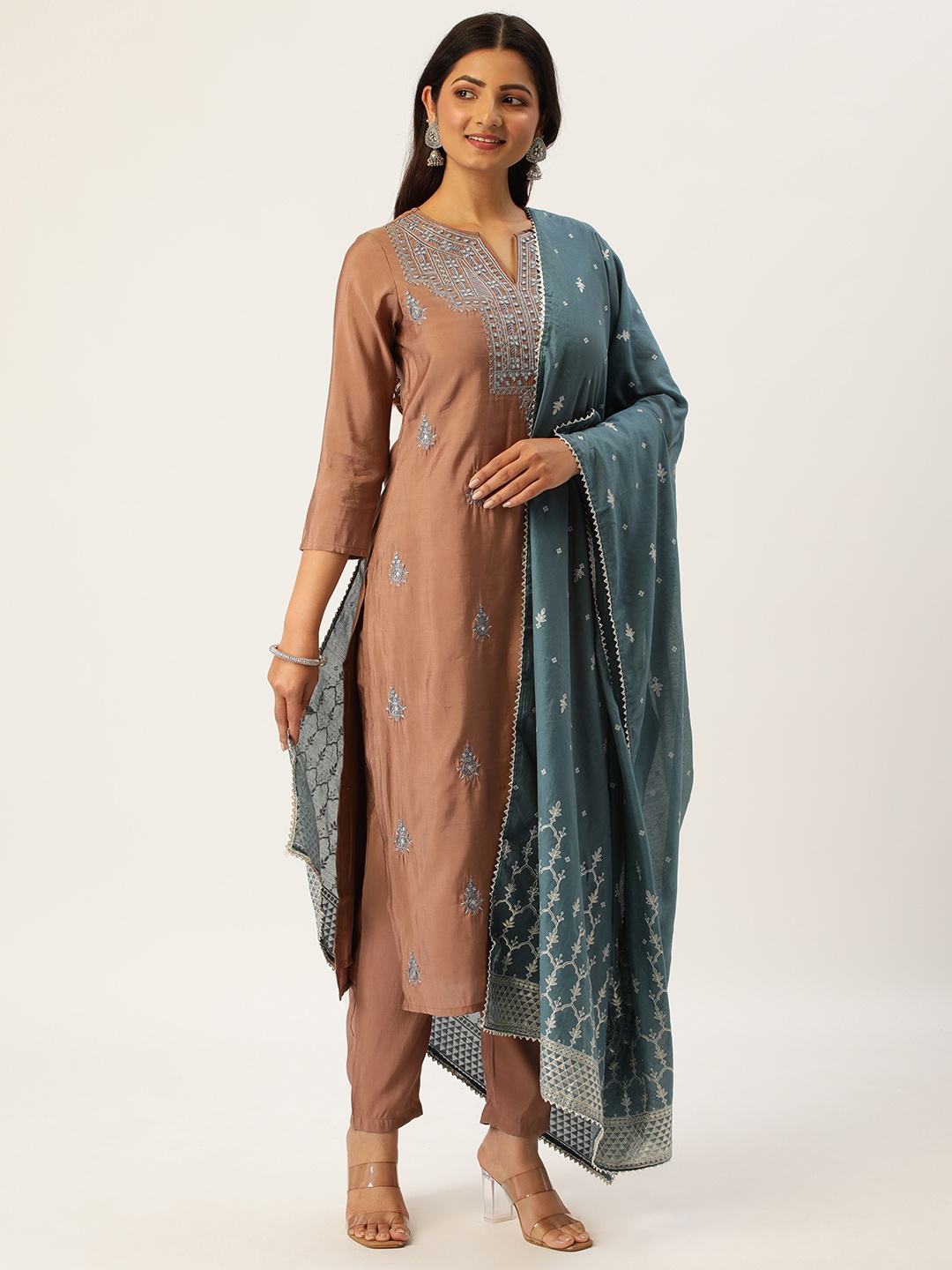 

HEEPOSH Brown & Teal Blue Embroidered Kurta with Trousers & Dupatta
