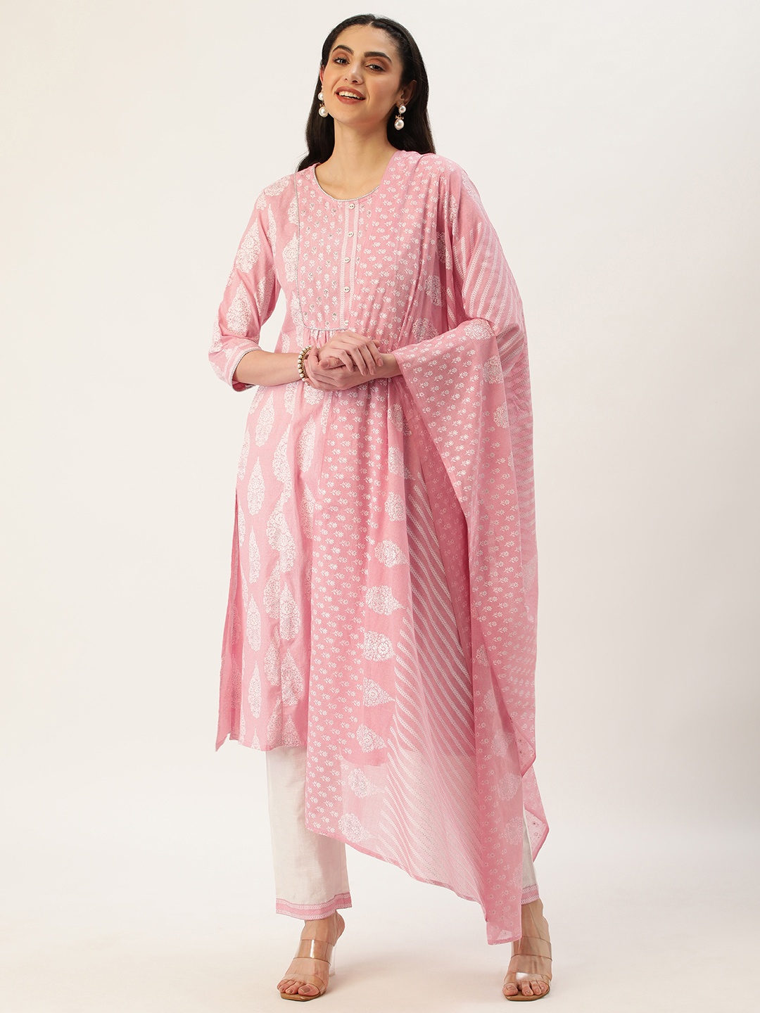 

HEEPOSH Pink Paisley Printed Pure Cotton Kurta with Trousers & Dupatta