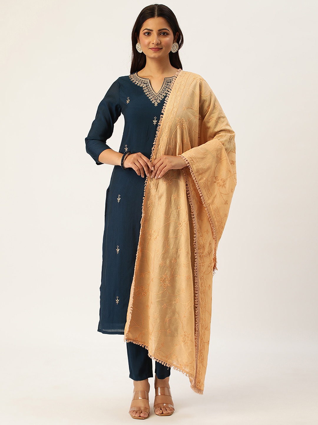 

HEEPOSH Navy Blue Ethnic Motifs Embroidered Kurta with Trousers & Dupatta