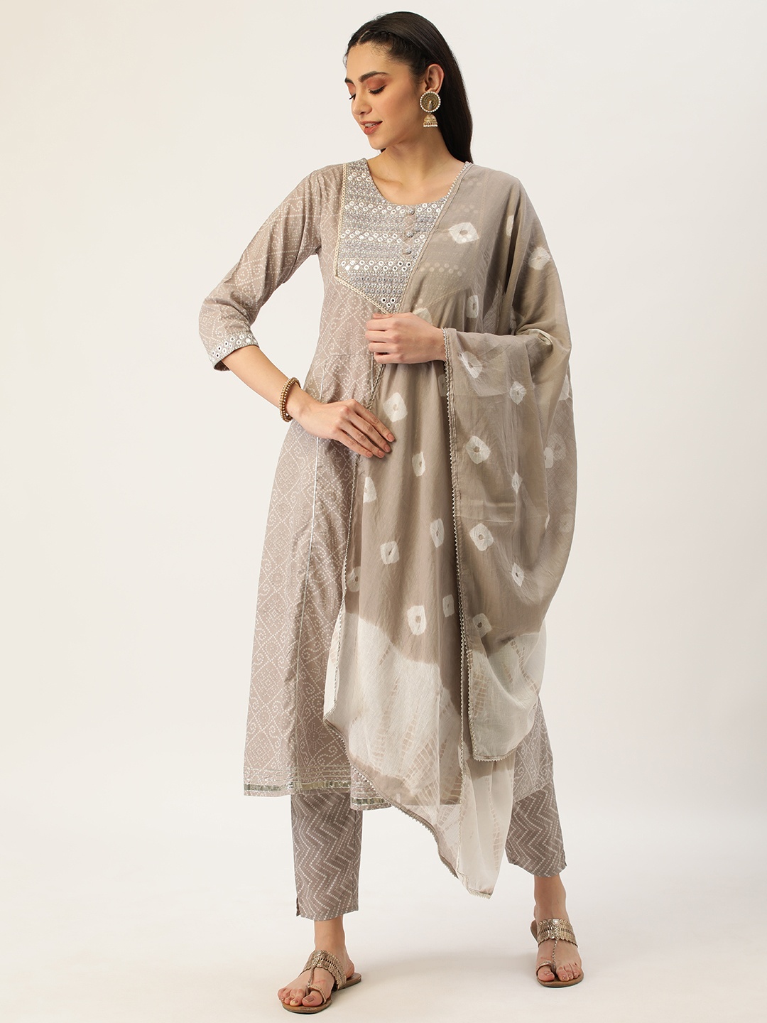 

HEEPOSH Grey & White Printed Empire Pure Cotton Kurta with Trousers & Dupatta