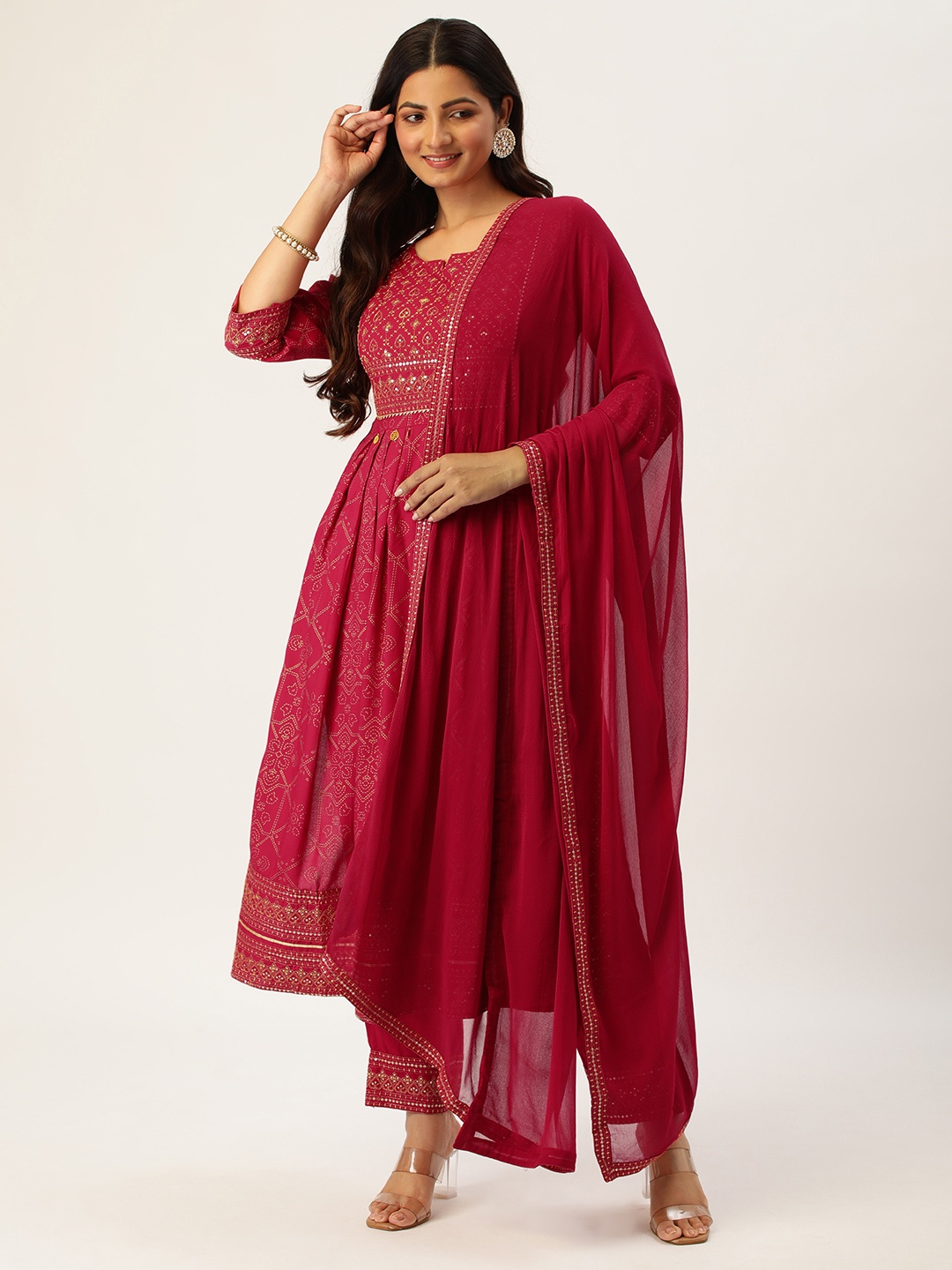 

HEEPOSH Red Ethnic Motifs Printed Anarkali Kurta with Trousers & Dupatta